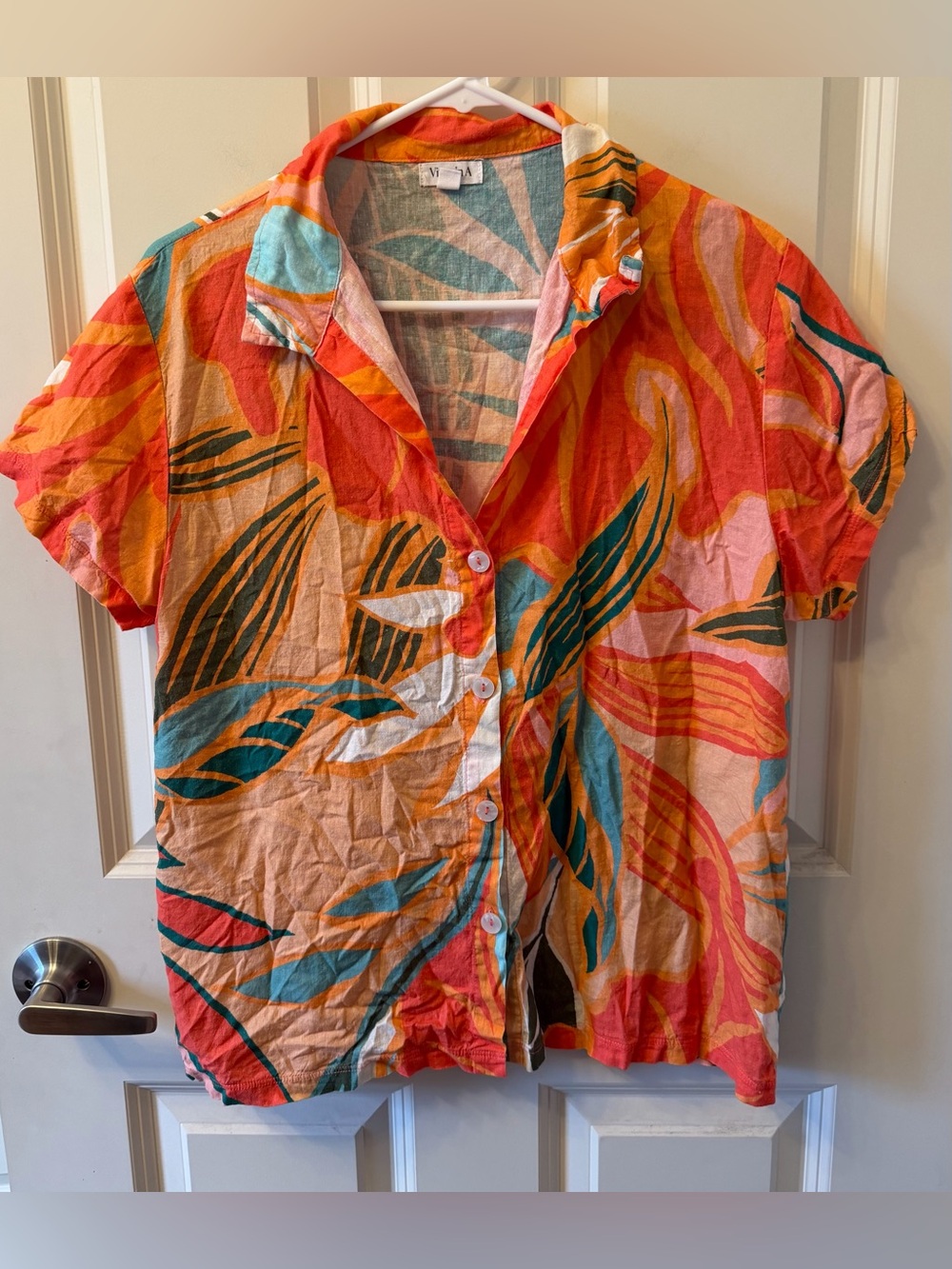 Vitamin A Playa Tropical Linen Blend Short Sleeve Button Up, Medium